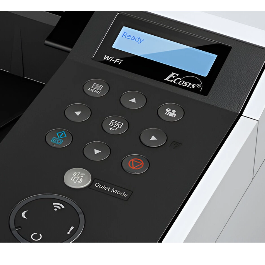 A close-up of a Kyocera printer's control panel, showing a digital screen that reads 